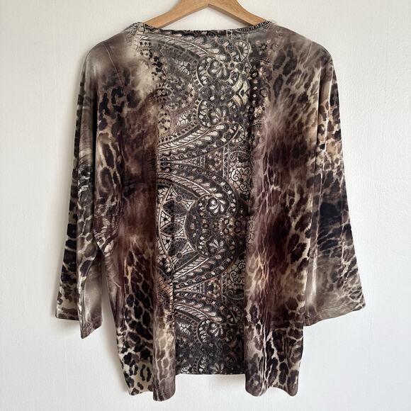 CHICO’S Burnout Velvet Brown Embellished Tunic Blouse Top Stretch Fall Size 2 L - Picture 4 of 9